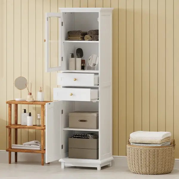 Bathroom Storage Cabinet, Glass Doors, Adjustable Shelves, 18
