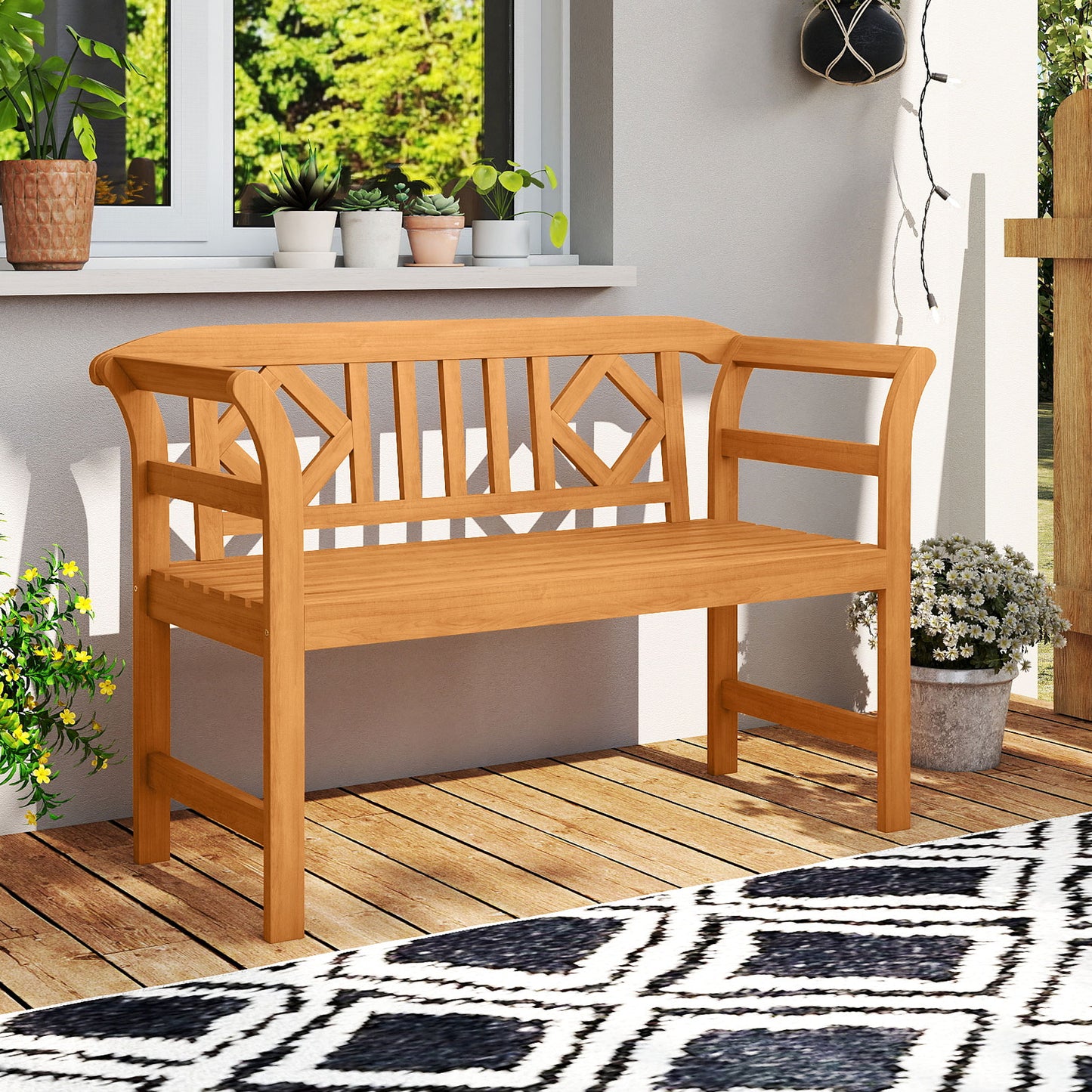 Acacia Wood 2-Person Patio Loveseat with Backrest and Armrests for Porch Outdoor Benches at Gallery Canada