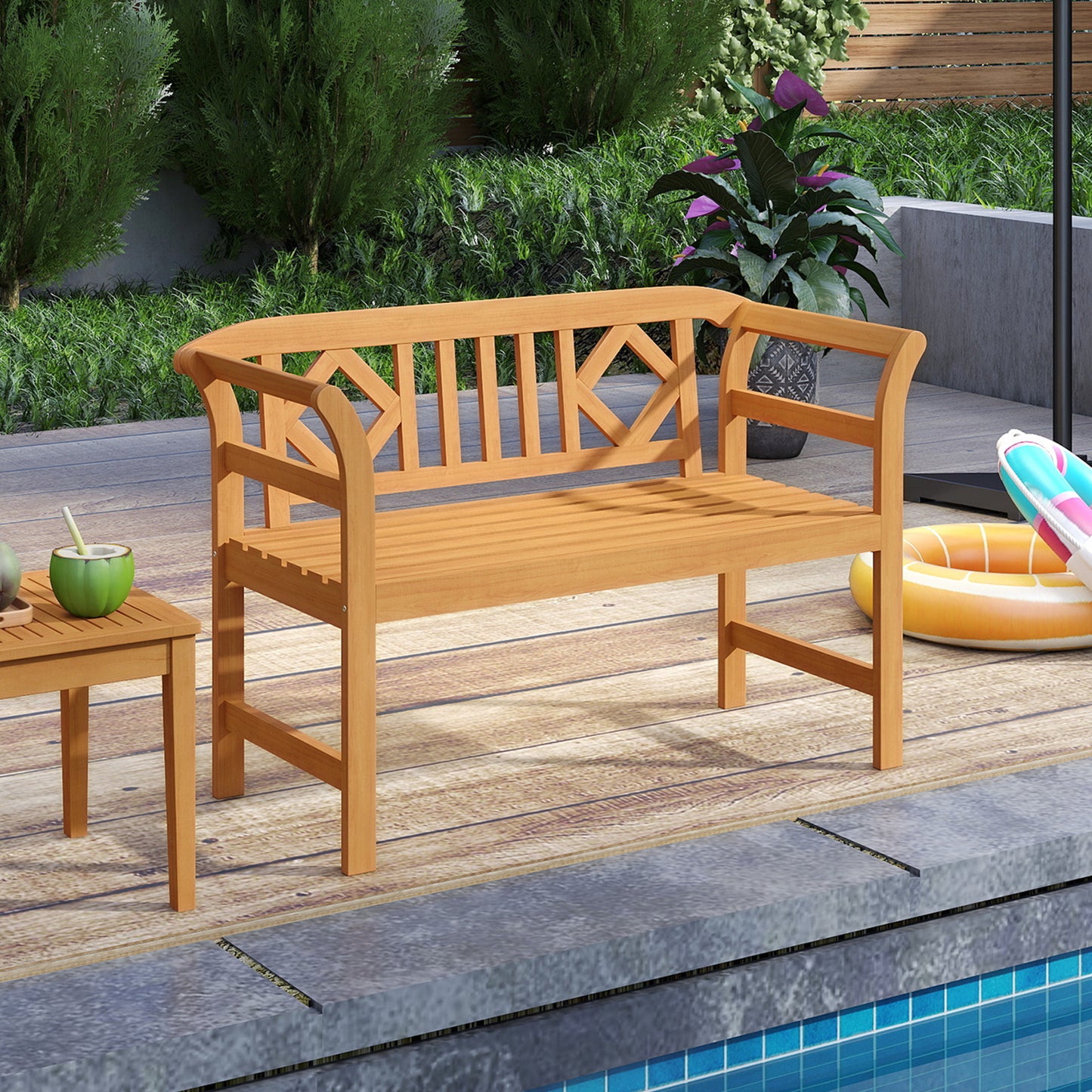 Acacia Wood 2-Person Patio Loveseat with Backrest and Armrests for Porch Outdoor Benches at Gallery Canada