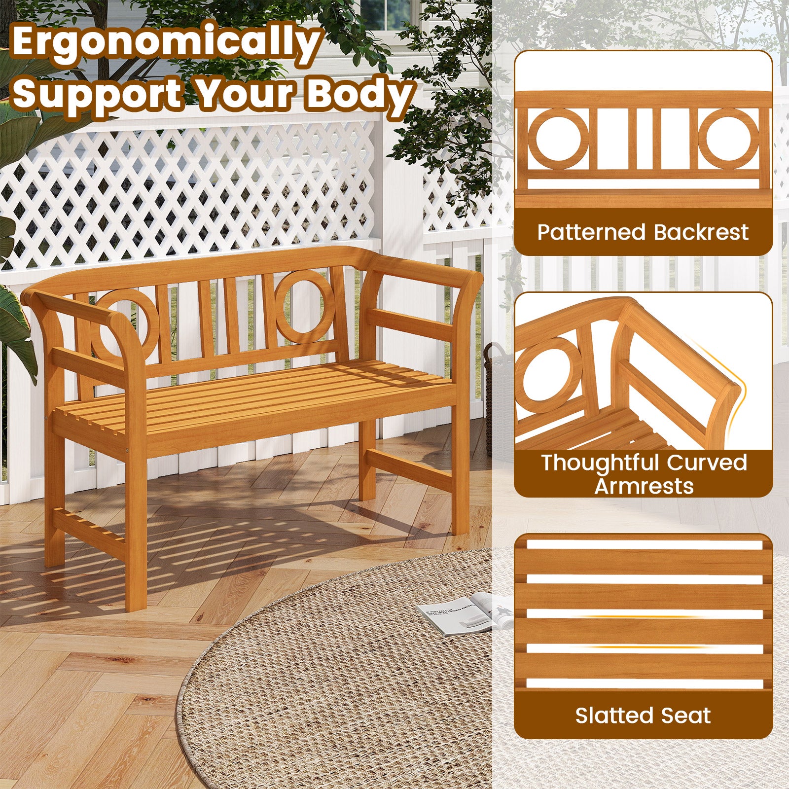 Acacia Wood 2-Person Patio Loveseat with Backrest and Armrests for Backyard Outdoor Benches at Gallery Canada