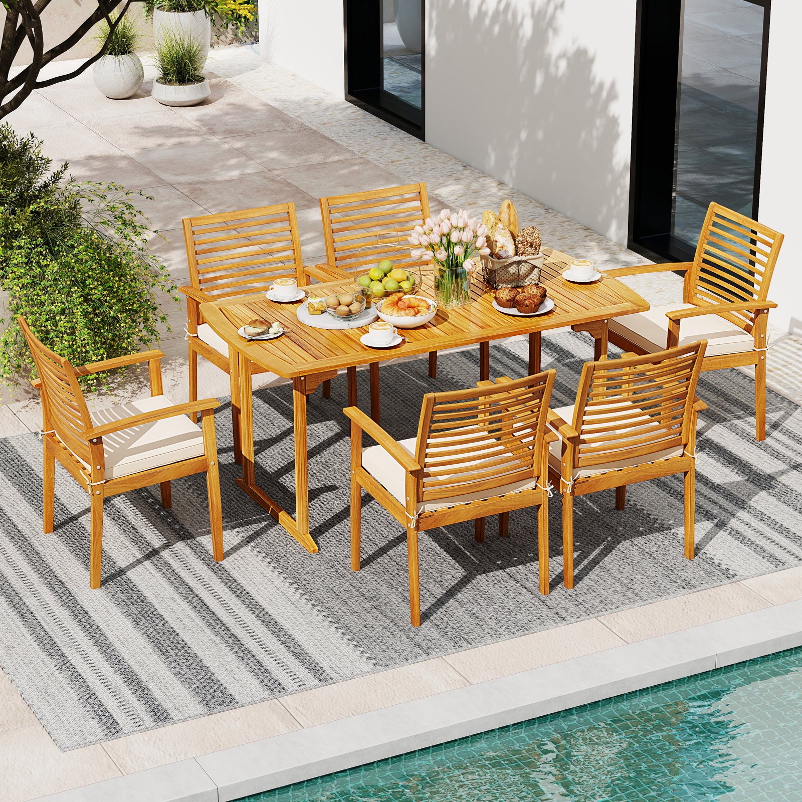 Acacia Wood 7-Piece Patio Dining Set with Umbrella Hole, Natural Patio Dining Sets at Gallery Canada