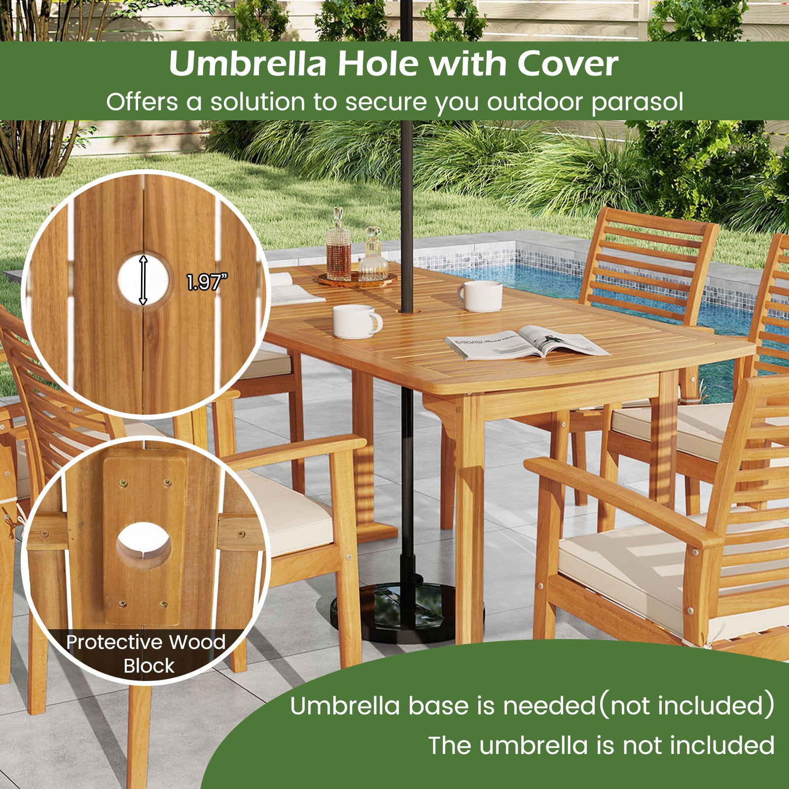 Acacia Wood 7-Piece Patio Dining Set with Umbrella Hole, Natural Patio Dining Sets at Gallery Canada