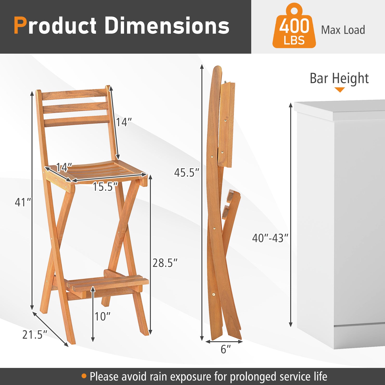 Acacia Wood Bar Height Chair Set of 2 Patio Bar Furniture at Gallery Canada