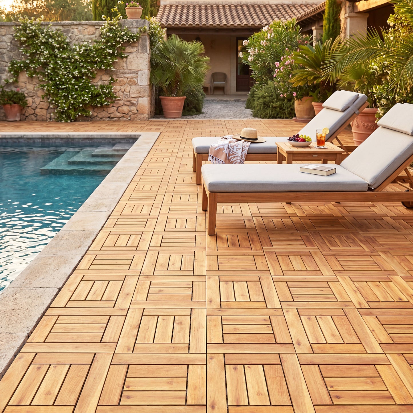 Acacia Wood Interlocking Deck Tiles for Patio Balcony Backyard Porch Poolside, Natural Decorative Fencing & Flooring at Gallery Canada