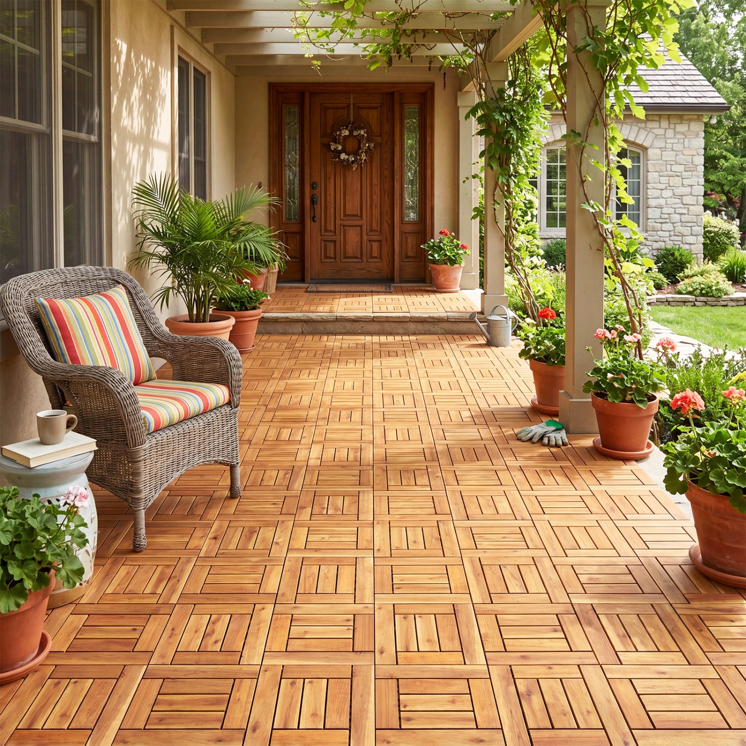 Acacia Wood Interlocking Deck Tiles for Patio Balcony Backyard Porch Poolside, Natural Decorative Fencing & Flooring at Gallery Canada