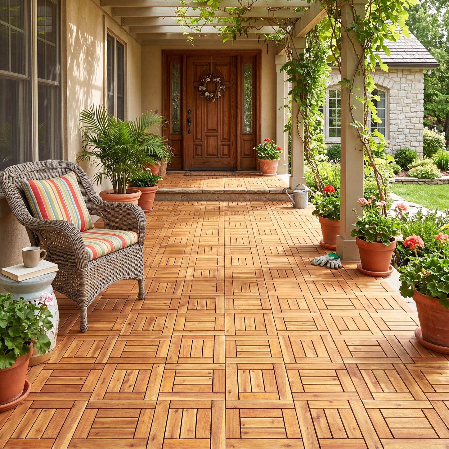 Acacia Wood Interlocking Deck Tiles for Patio Balcony Backyard Porch Poolside, Natural Decorative Fencing & Flooring at Gallery Canada