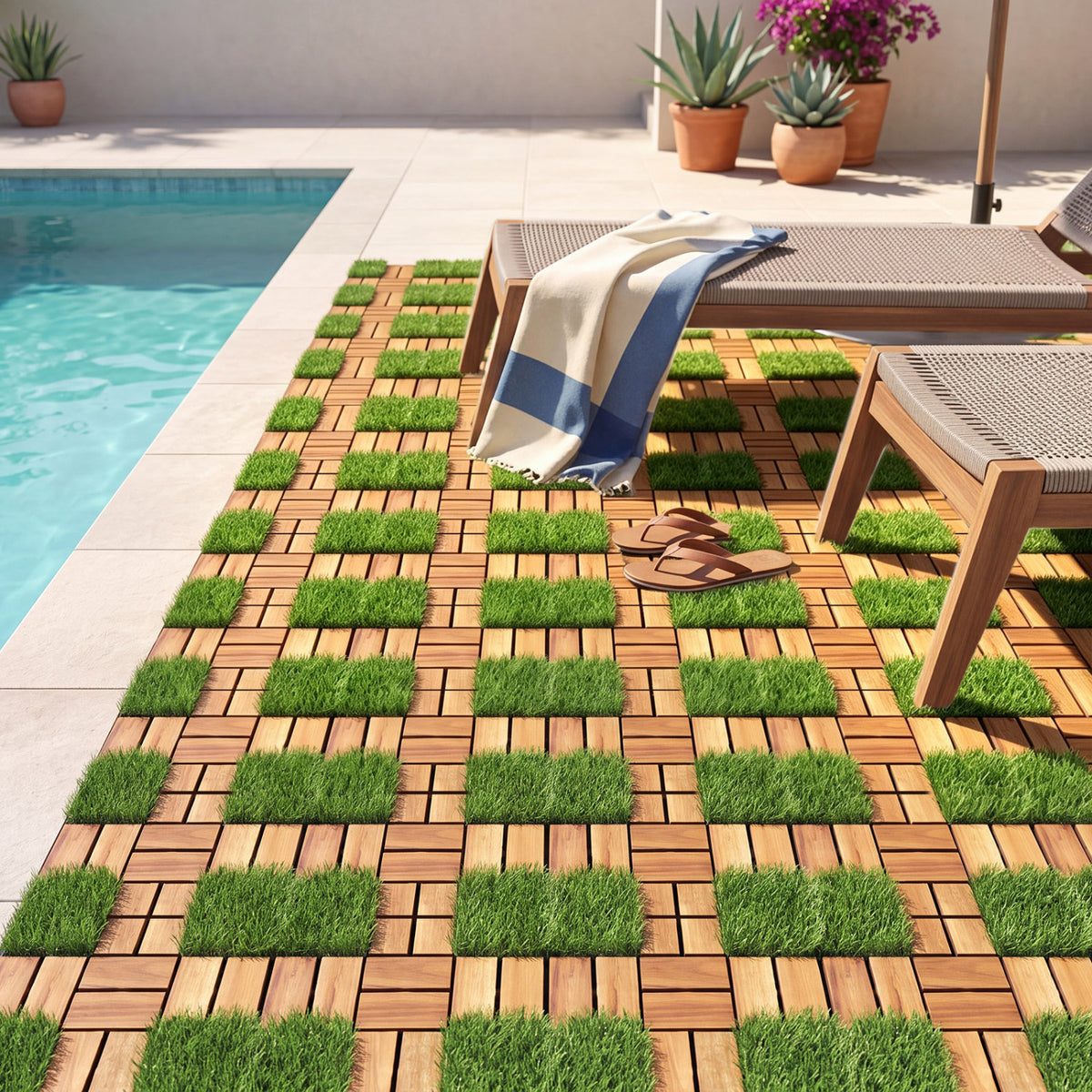 Dalles de terrasse en bois d'acacia emboîtables, gazon artificiel, naturel