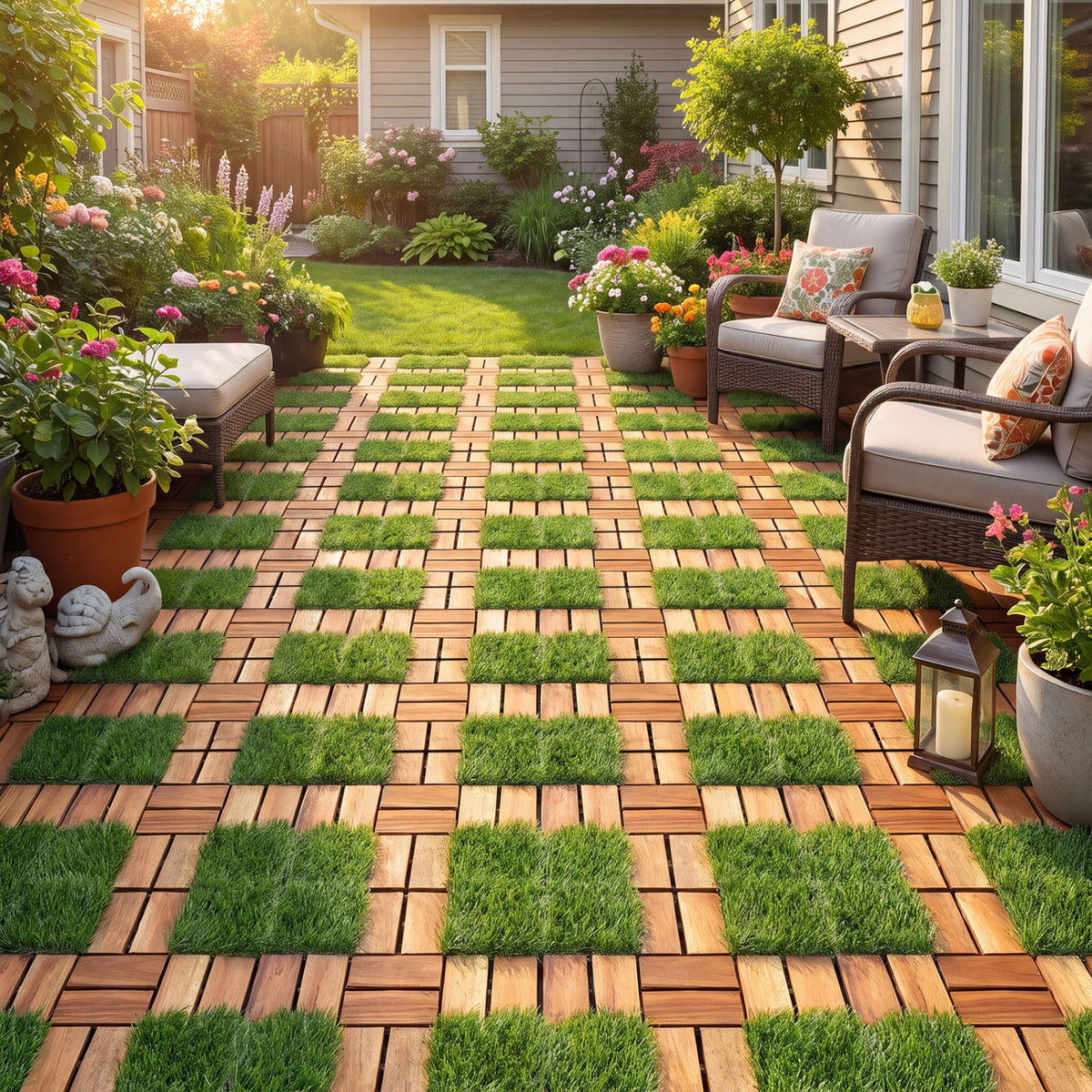 Dalles de terrasse en bois d'acacia emboîtables, gazon artificiel, naturel