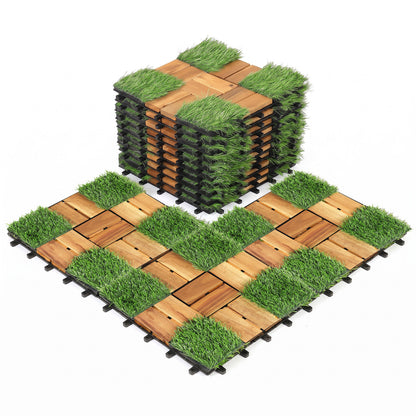 Dalles de terrasse en bois d'acacia emboîtables, gazon artificiel, naturel