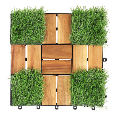 Dalles de terrasse en bois d'acacia emboîtables, gazon artificiel, naturel