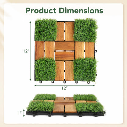 Dalles de terrasse en bois d'acacia emboîtables, gazon artificiel, naturel