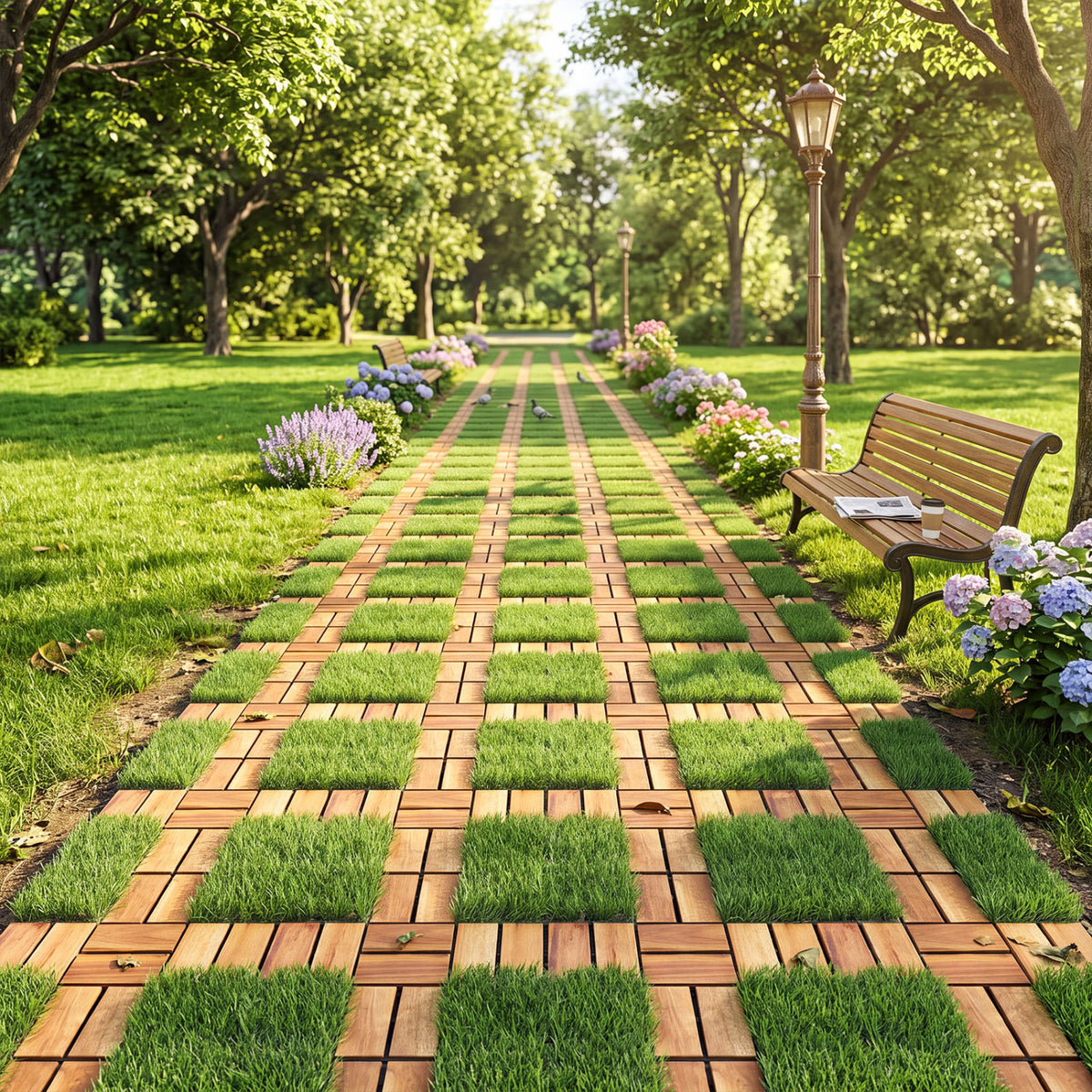 Dalles de terrasse en bois d'acacia emboîtables, gazon artificiel, naturel