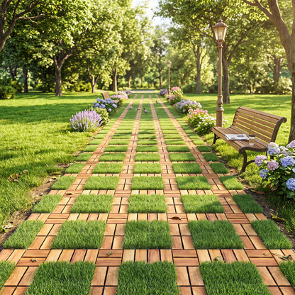 Dalles de terrasse en bois d'acacia emboîtables, gazon artificiel, naturel