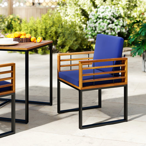 Acacia Wood Outdoor Dining Chairs Set of 2 with Soft Cushions, Navy