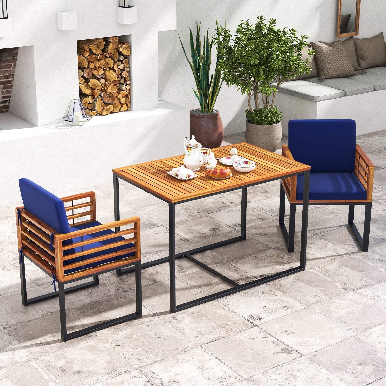 Acacia Wood Outdoor Dining Chairs Set of 2 with Soft Cushions, Navy Patio Dining Sets at Gallery Canada