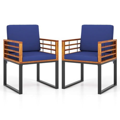 Acacia Wood Outdoor Dining Chairs Set of 2 with Soft Cushions, Navy