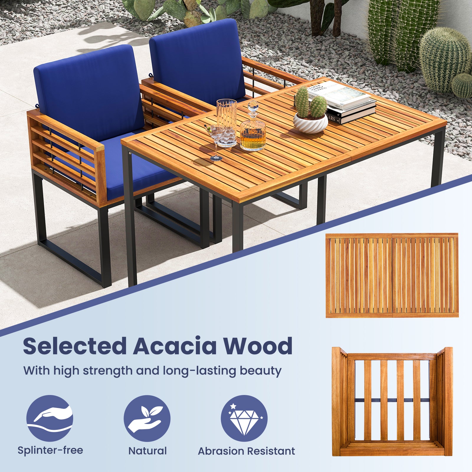 Acacia Wood Outdoor Dining Chairs Set of 2 with Soft Cushions, Navy Patio Dining Sets at Gallery Canada