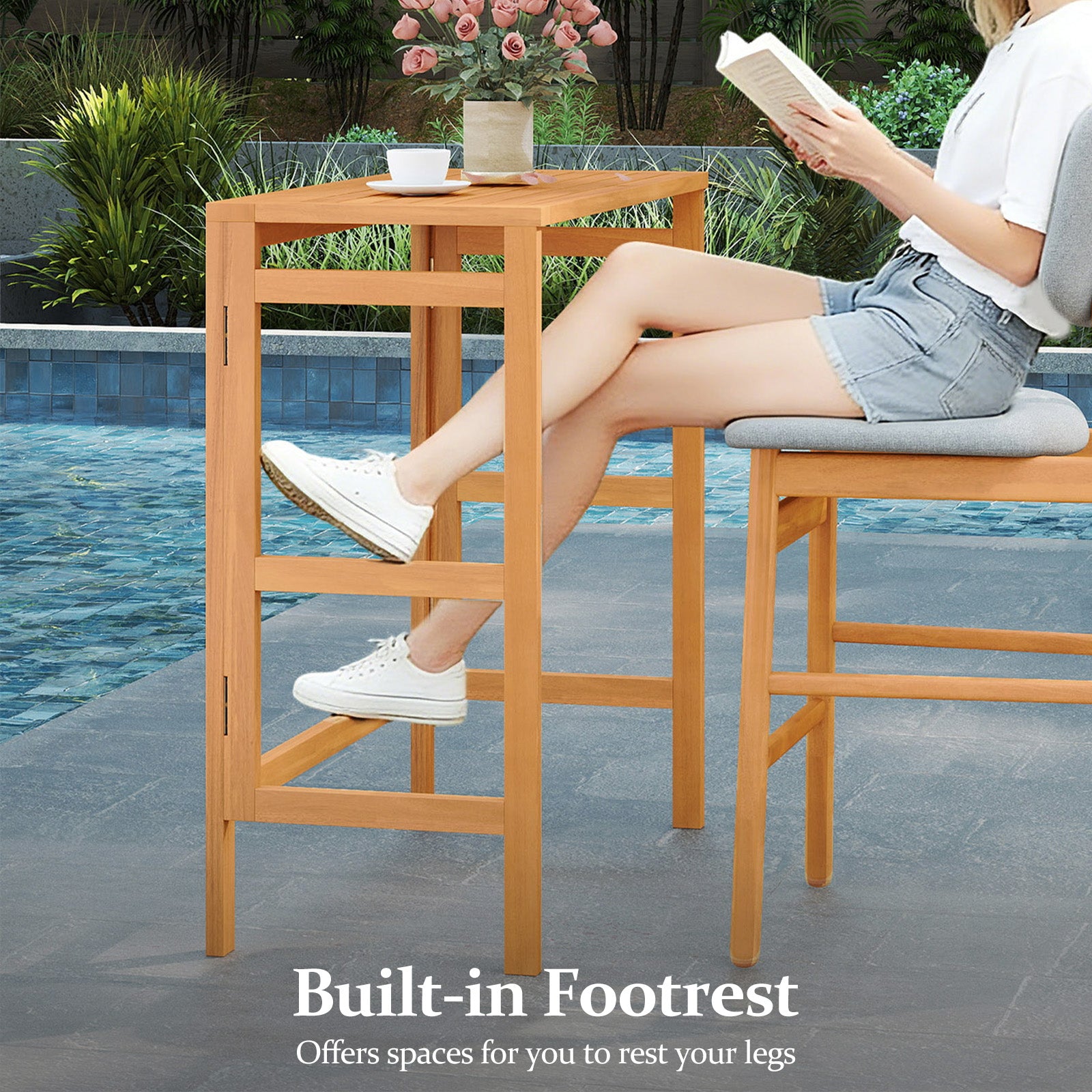 Acacia Wood Outdoor Bar Table with Slatted Tabletop for Balcony Bar Tables at Gallery Canada