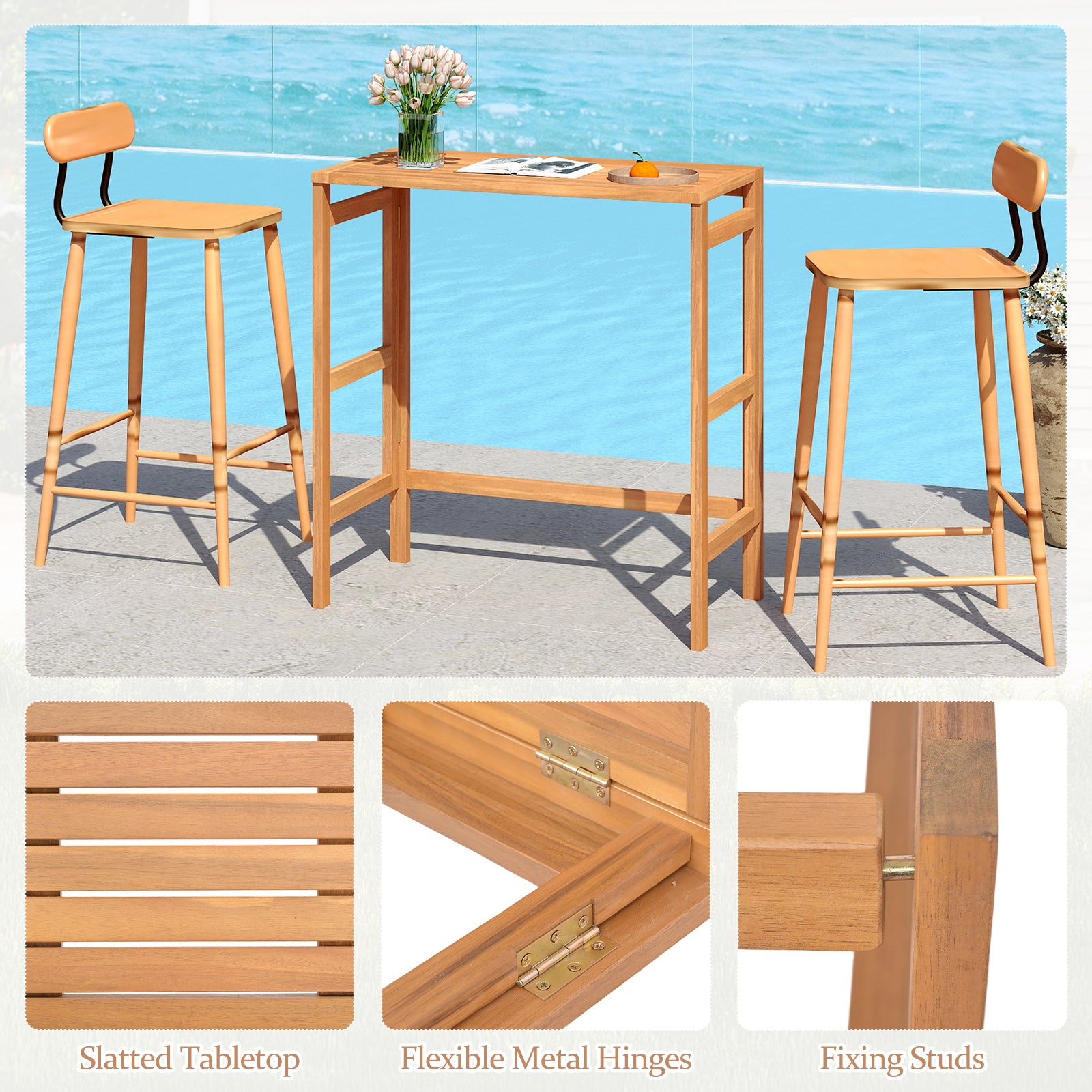 Acacia Wood Outdoor Bar Table with Slatted Tabletop for Balcony Bar Tables at Gallery Canada