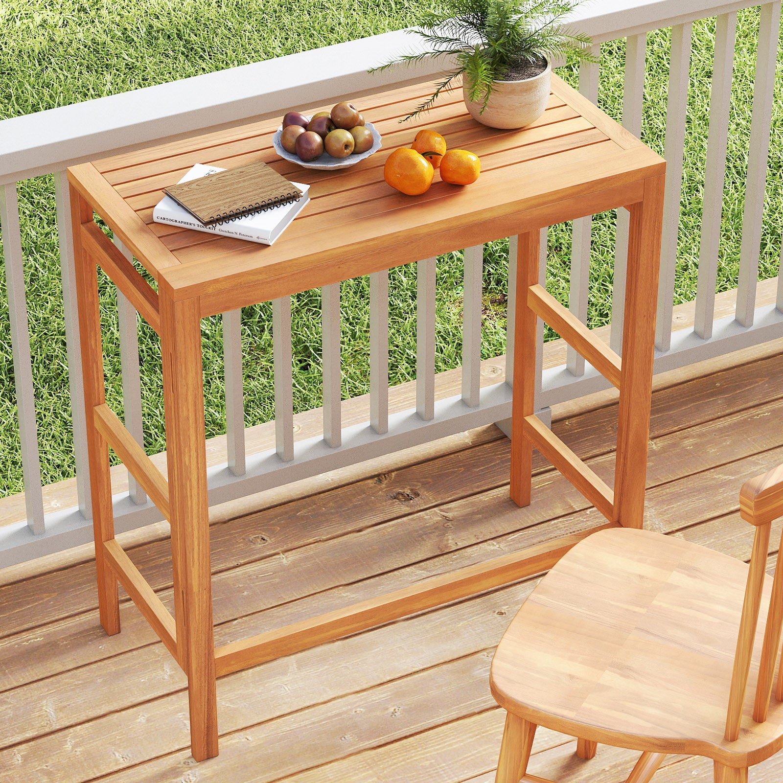 Acacia Wood Outdoor Bar Table with Slatted Tabletop for Balcony Bar Tables at Gallery Canada