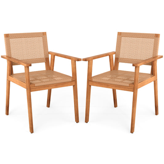 Acacia Wood Outdoor Dining Chairs Set of 2 PE Rattan Patio Chairs with Backrests and Armrests