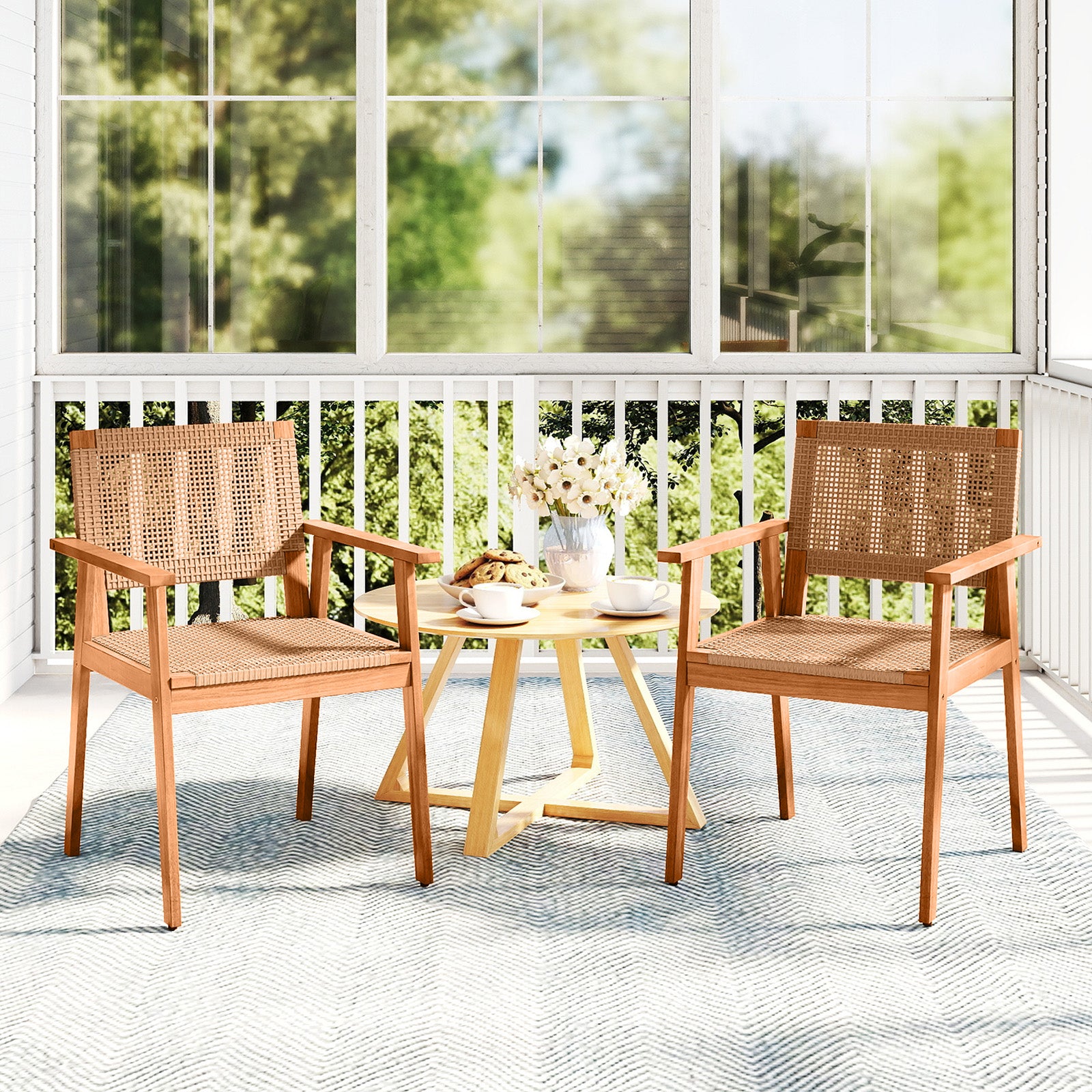 Acacia Wood Outdoor Dining Chairs Set of 2 PE Rattan Patio Chairs with Backrests and Armrests Patio Dining Chairs at Gallery Canada