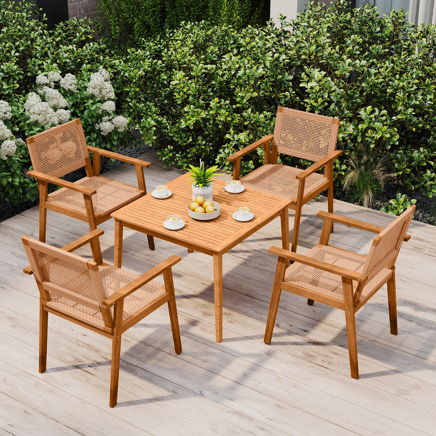 Acacia Wood Outdoor Dining Chairs Set of 2 PE Rattan Patio Chairs with Backrests and Armrests Patio Dining Chairs at Gallery Canada