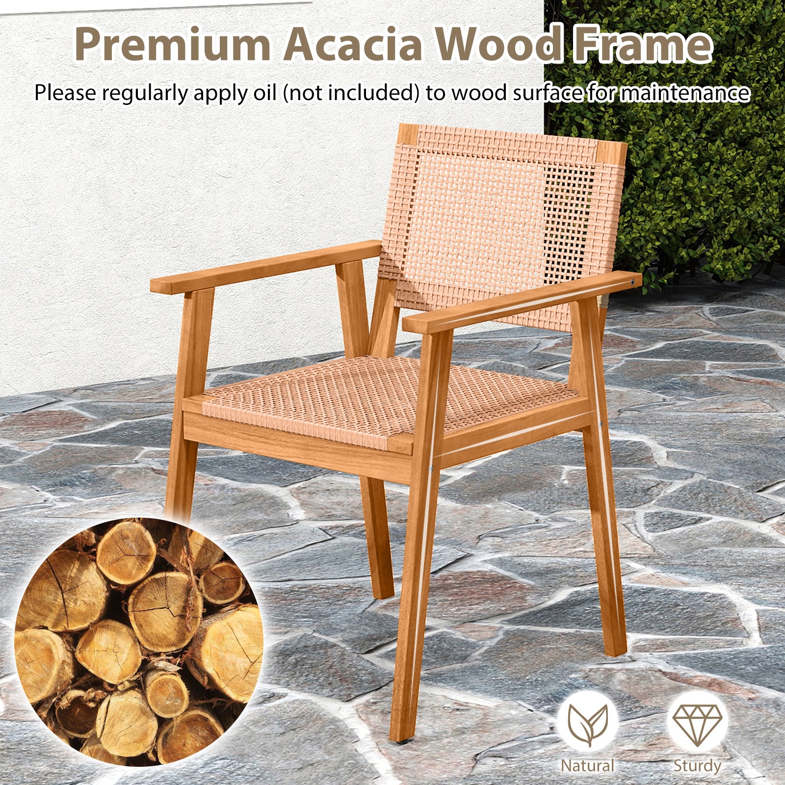 Acacia Wood Outdoor Dining Chairs Set of 2 PE Rattan Patio Chairs with Backrests and Armrests Patio Dining Chairs at Gallery Canada