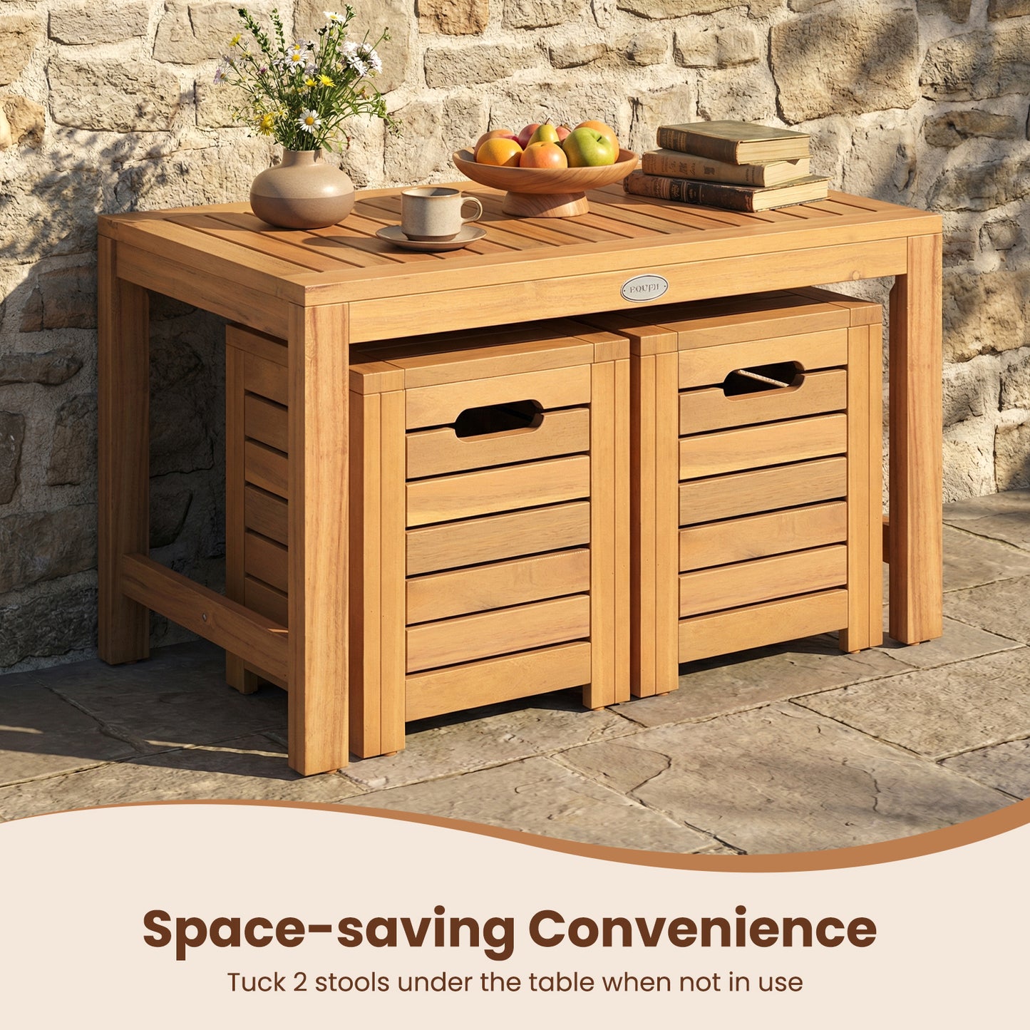 Acacia Wood Outdoor Coffee Table with Stools Set of 2 3 Pieces Patio Table and Stools Set Patio Conversation Sets at Gallery Canada