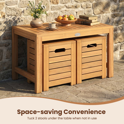 Acacia Wood Outdoor Coffee Table with Stools Set of 2 3 Pieces Patio Table and Stools Set Patio Conversation Sets at Gallery Canada