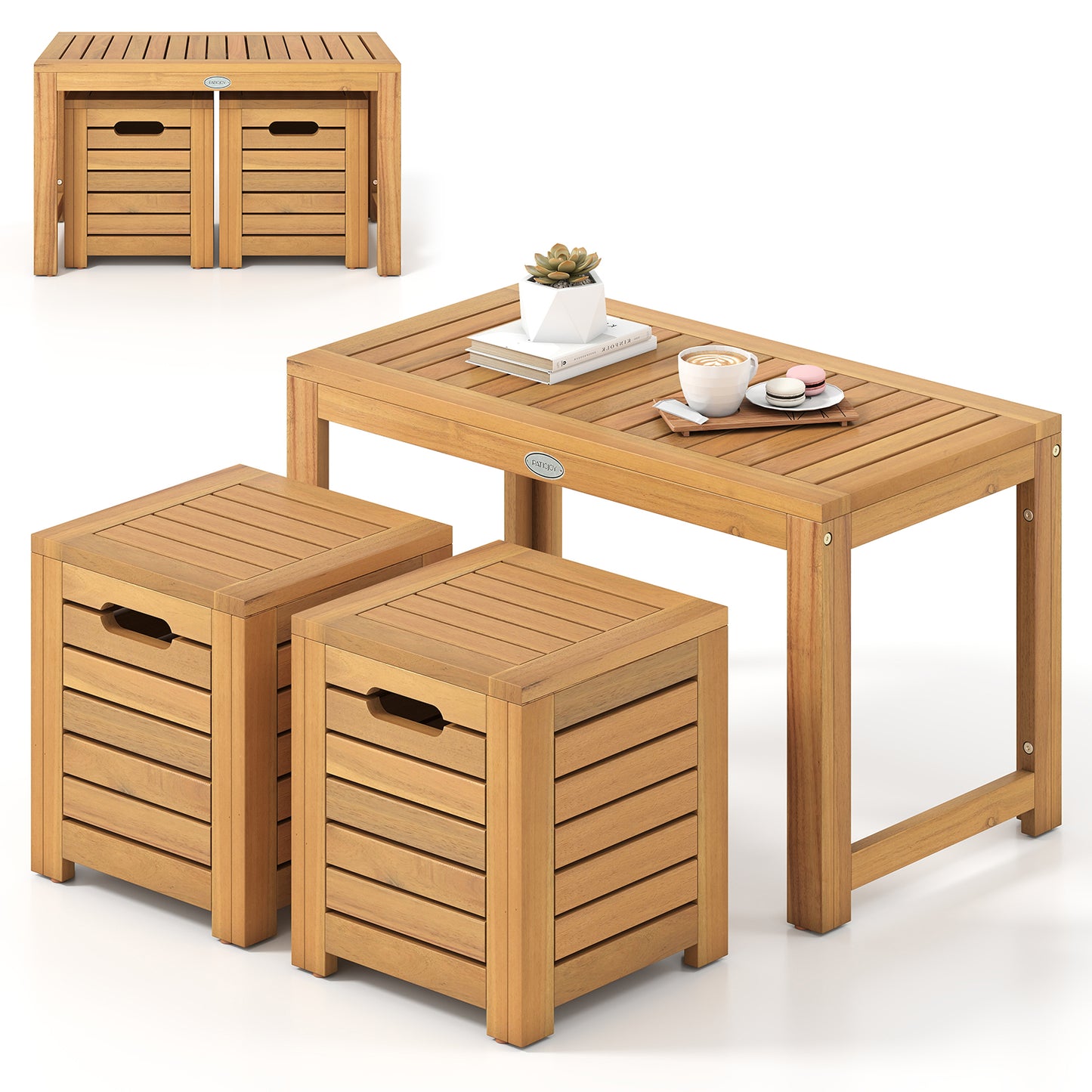 Acacia Wood Outdoor Coffee Table with Stools Set of 2 3 Pieces Patio Table and Stools Set Patio Conversation Sets at Gallery Canada