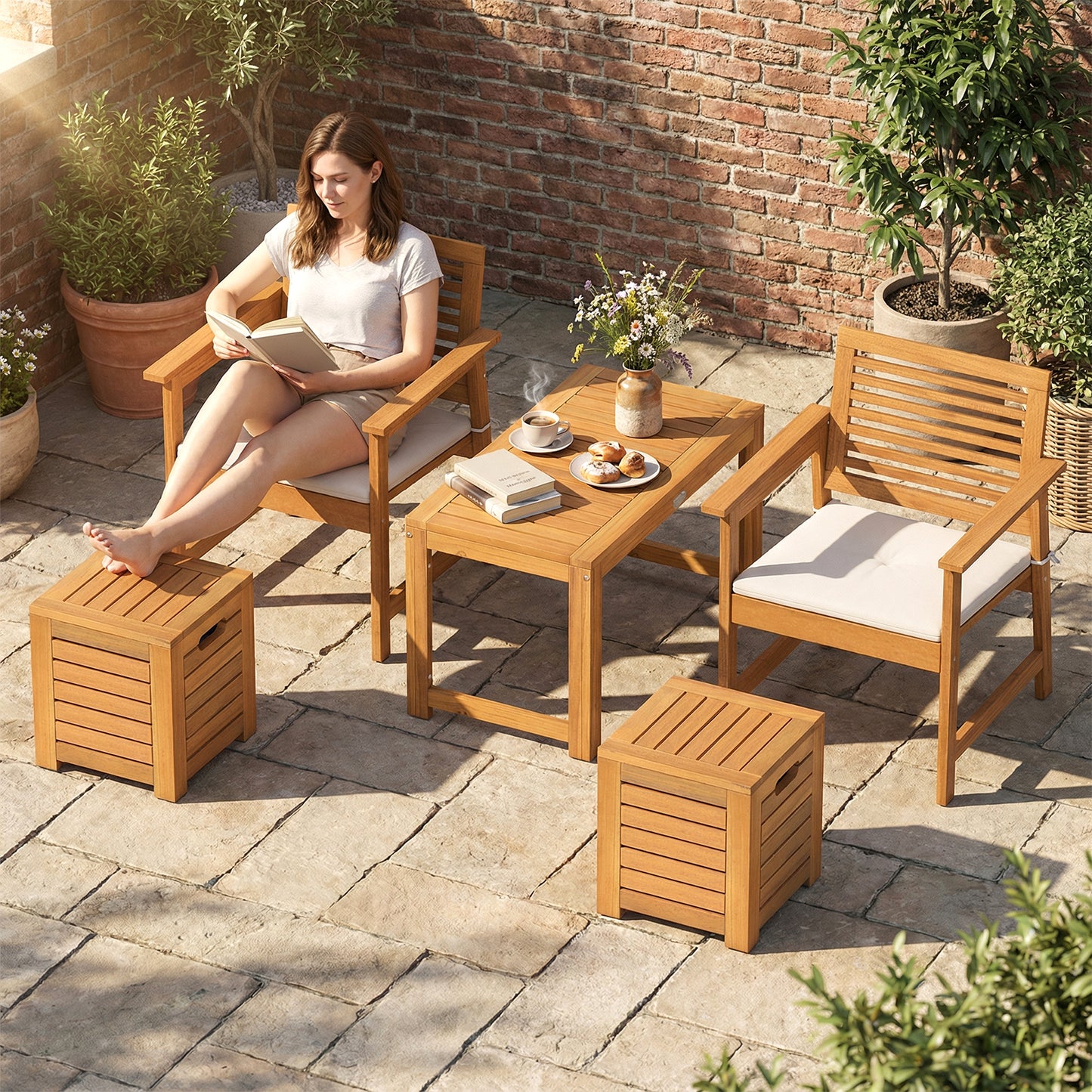 Acacia Wood Outdoor Coffee Table with Stools Set of 2 3 Pieces Patio Table and Stools Set Patio Conversation Sets at Gallery Canada