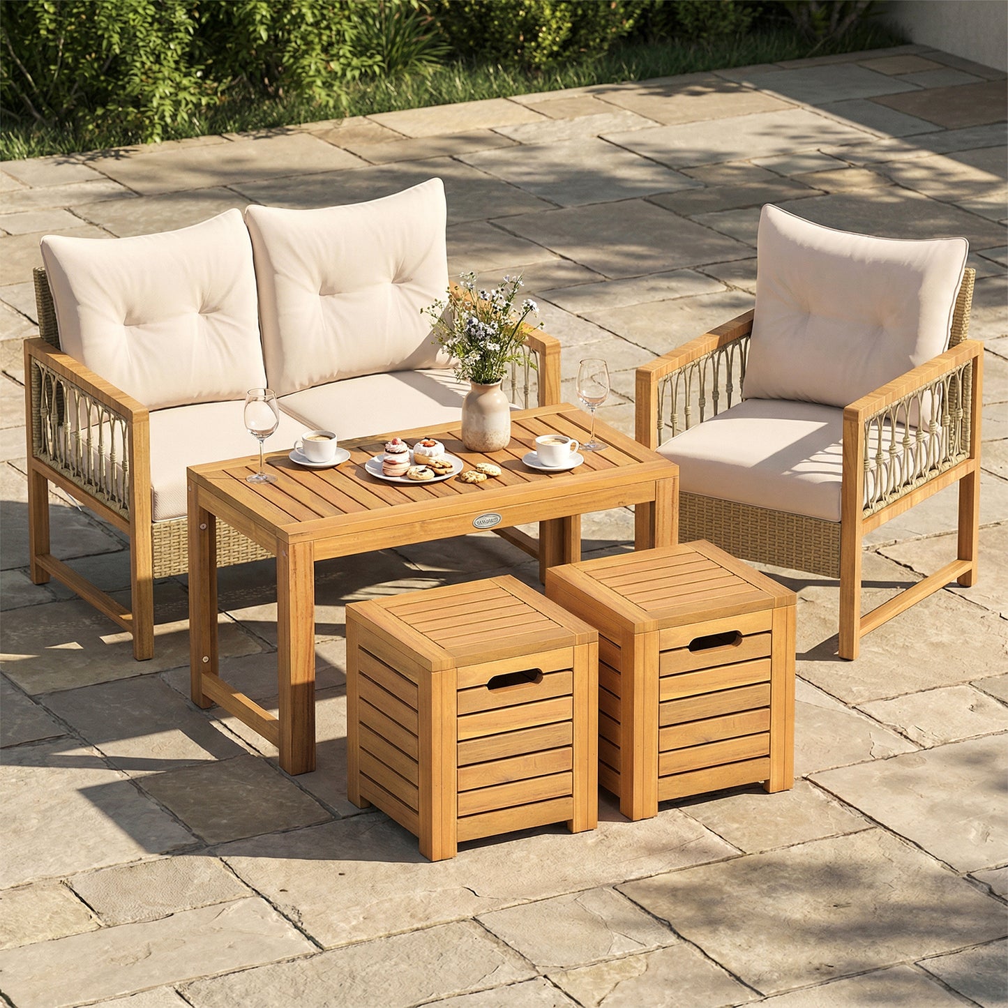 Acacia Wood Outdoor Coffee Table with Stools Set of 2 3 Pieces Patio Table and Stools Set Patio Conversation Sets at Gallery Canada