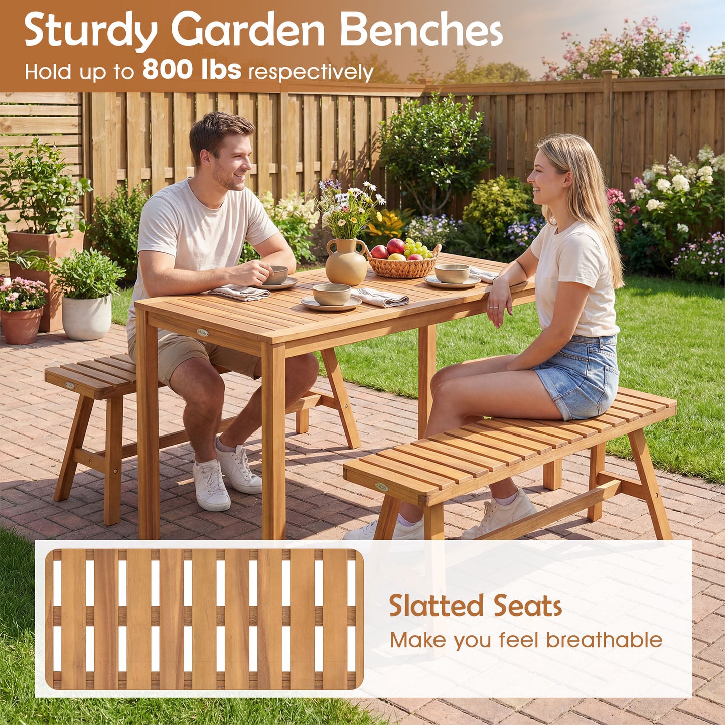 Acacia Wood Outdoor Garden Bench Set of 1/2 with Slatted Seat and 800 lbs Capacity-Set of 1 Outdoor Benches at Gallery Canada