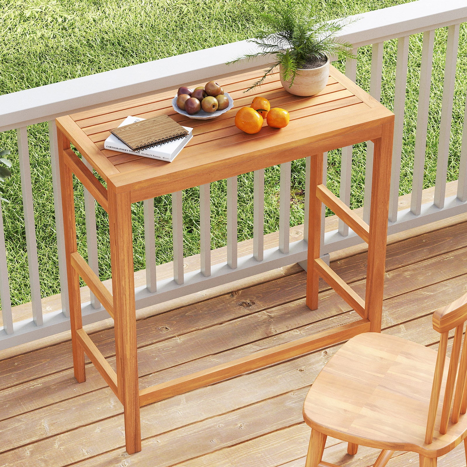 Acacia Wood Outdoor Bar Table with Slatted Tabletop for Balcony Bar Tables at Gallery Canada