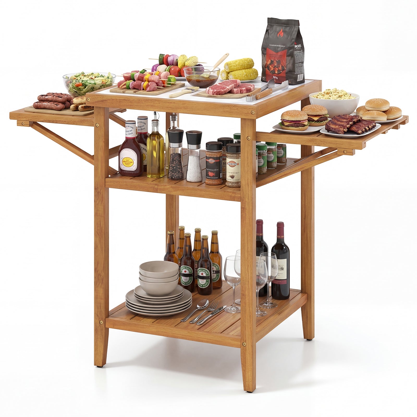 Acacia Wood Outdoor Grill Table, Faux Marble Top, Drop Leaf Panels, Natural Camping Furniture at Gallery Canada