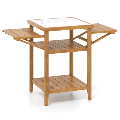 Acacia Wood Outdoor Grill Table, Faux Marble Top, Drop Leaf Panels, Natural Camping Furniture Natural at Gallery Canada