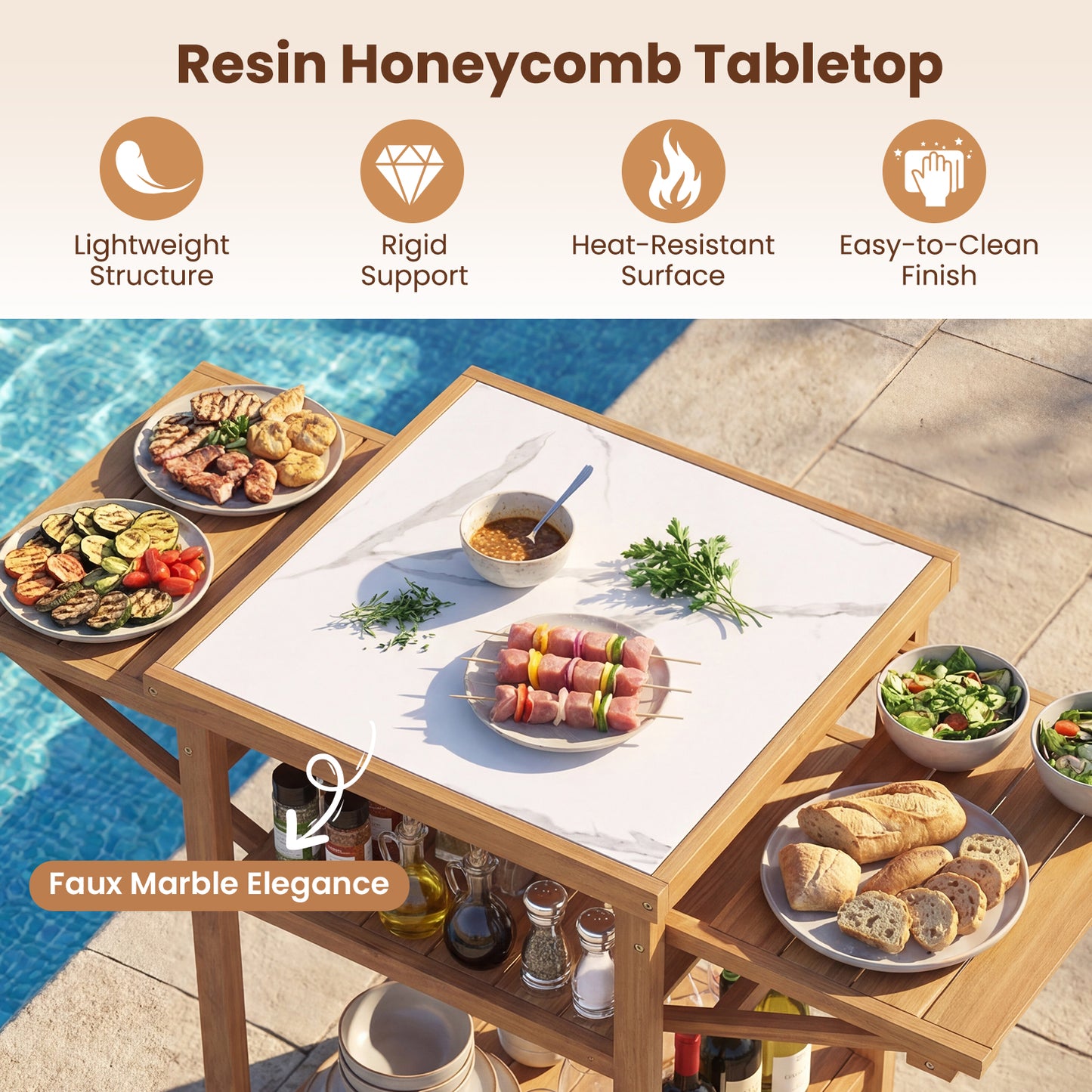 Acacia Wood Outdoor Grill Table, Faux Marble Top, Drop Leaf Panels, Natural Camping Furniture at Gallery Canada
