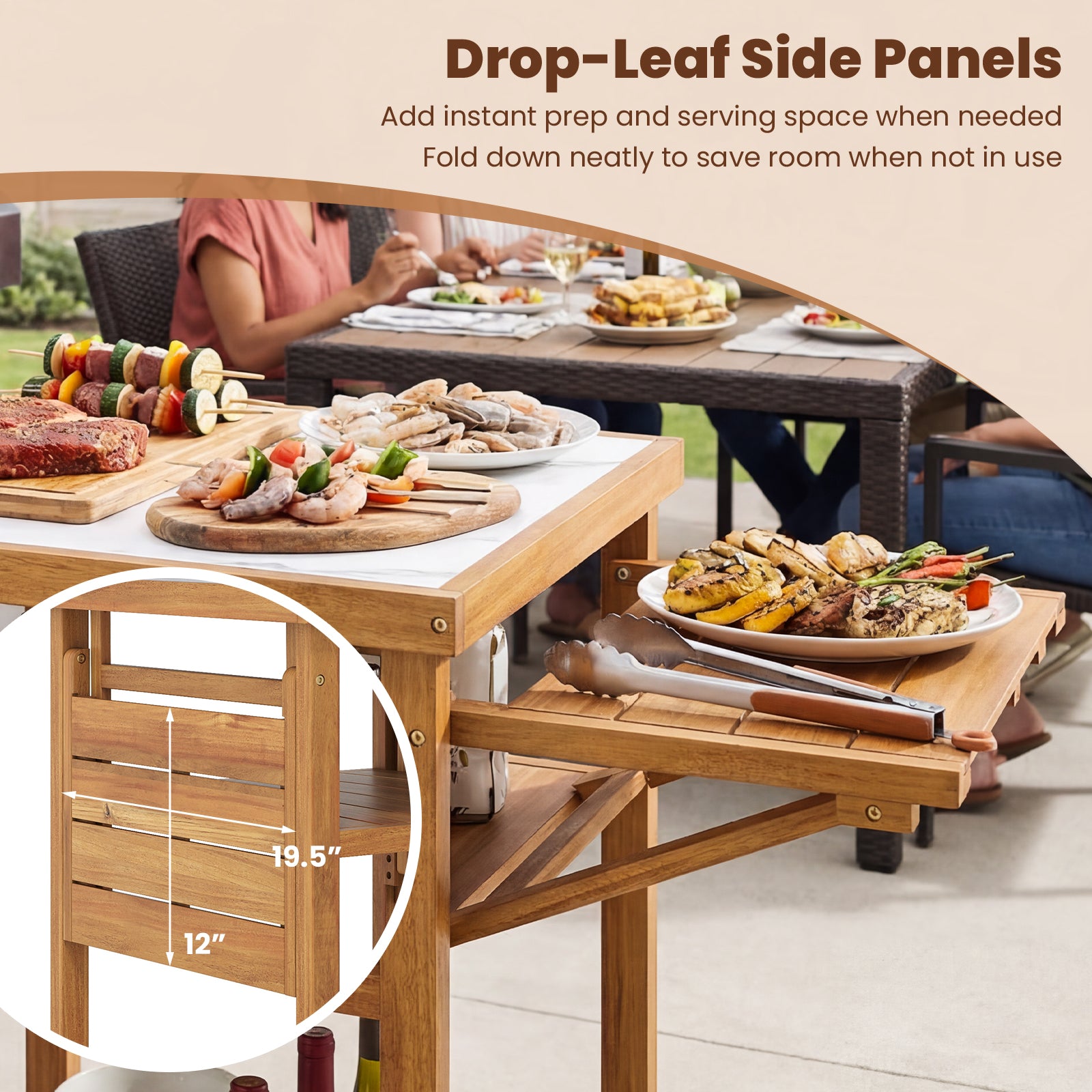 Acacia Wood Outdoor Grill Table, Faux Marble Top, Drop Leaf Panels, Natural Camping Furniture at Gallery Canada