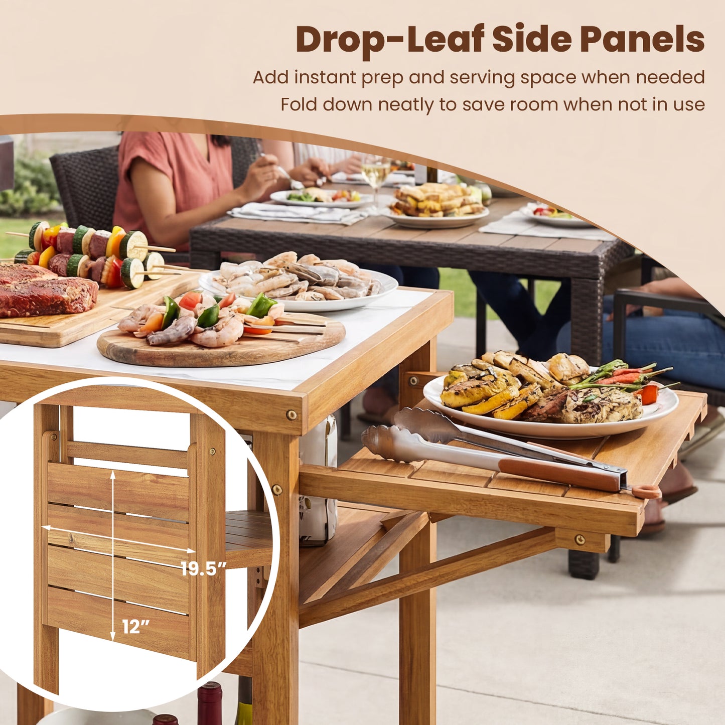 Acacia Wood Outdoor Grill Table, Faux Marble Top, Drop Leaf Panels, Natural Camping Furniture at Gallery Canada
