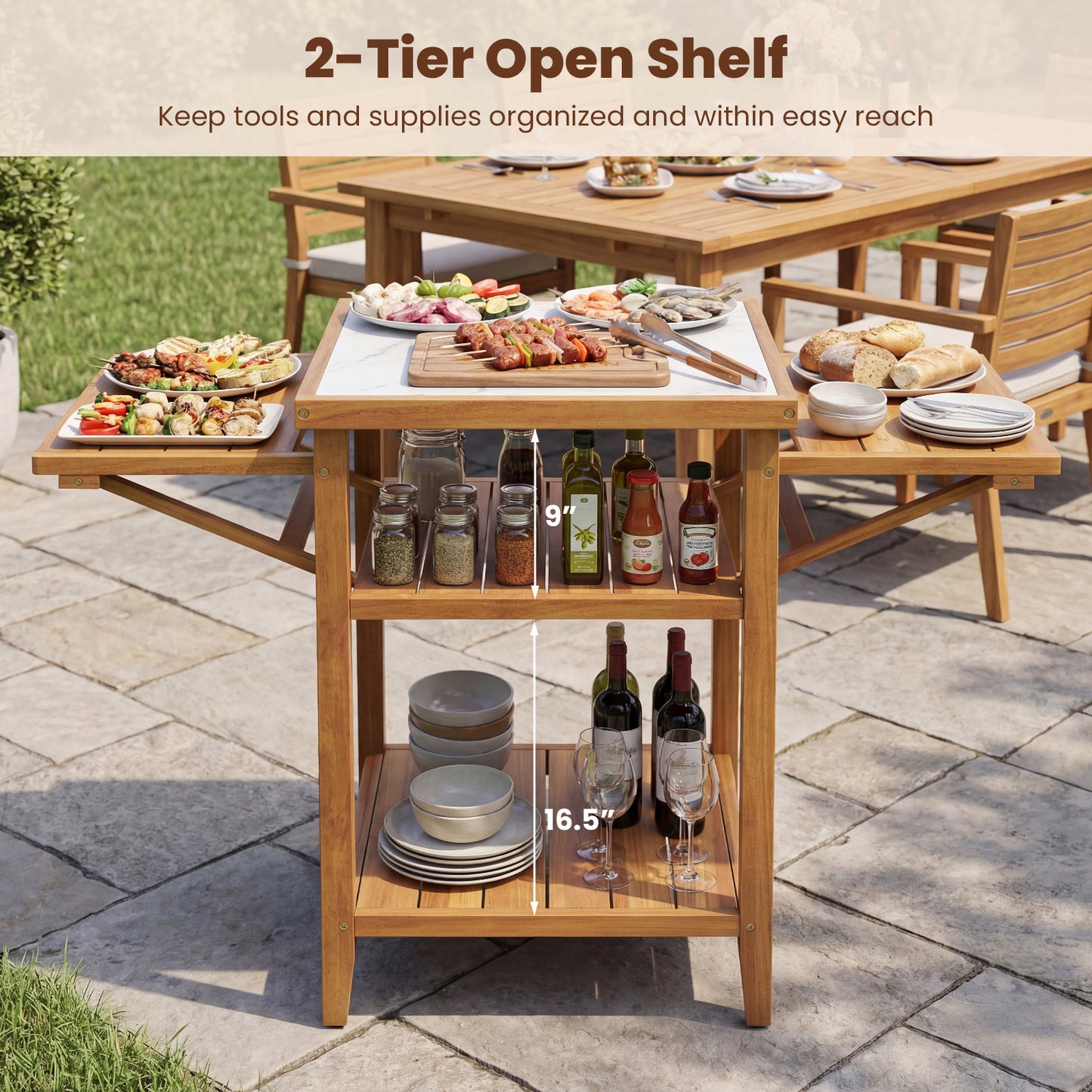 Acacia Wood Outdoor Grill Table, Faux Marble Top, Drop Leaf Panels, Natural Camping Furniture at Gallery Canada