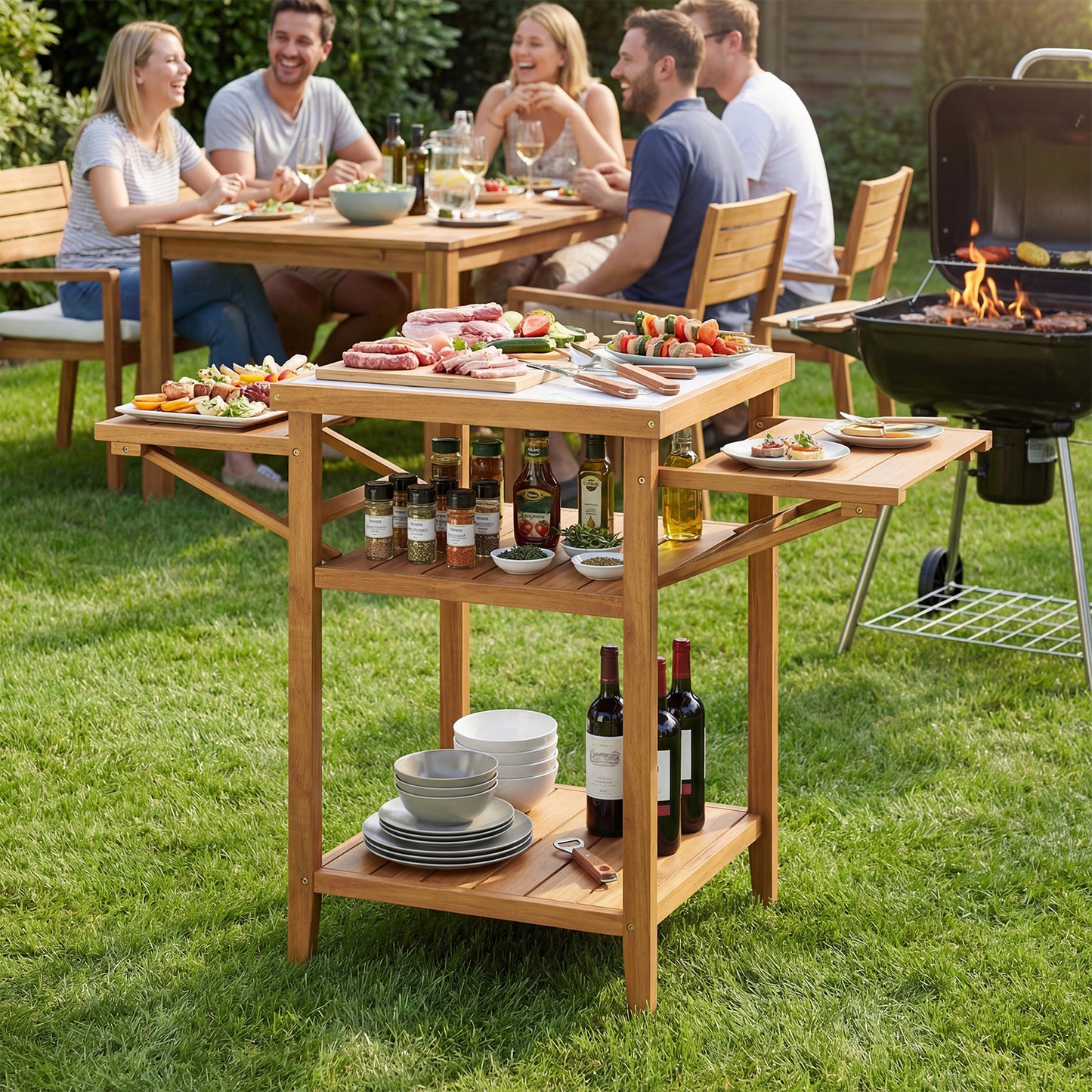 Acacia Wood Outdoor Grill Table, Faux Marble Top, Drop Leaf Panels, Natural Camping Furniture at Gallery Canada