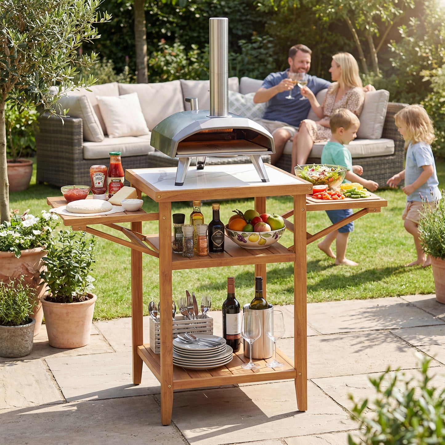 Acacia Wood Outdoor Grill Table, Faux Marble Top, Drop Leaf Panels, Natural Camping Furniture at Gallery Canada