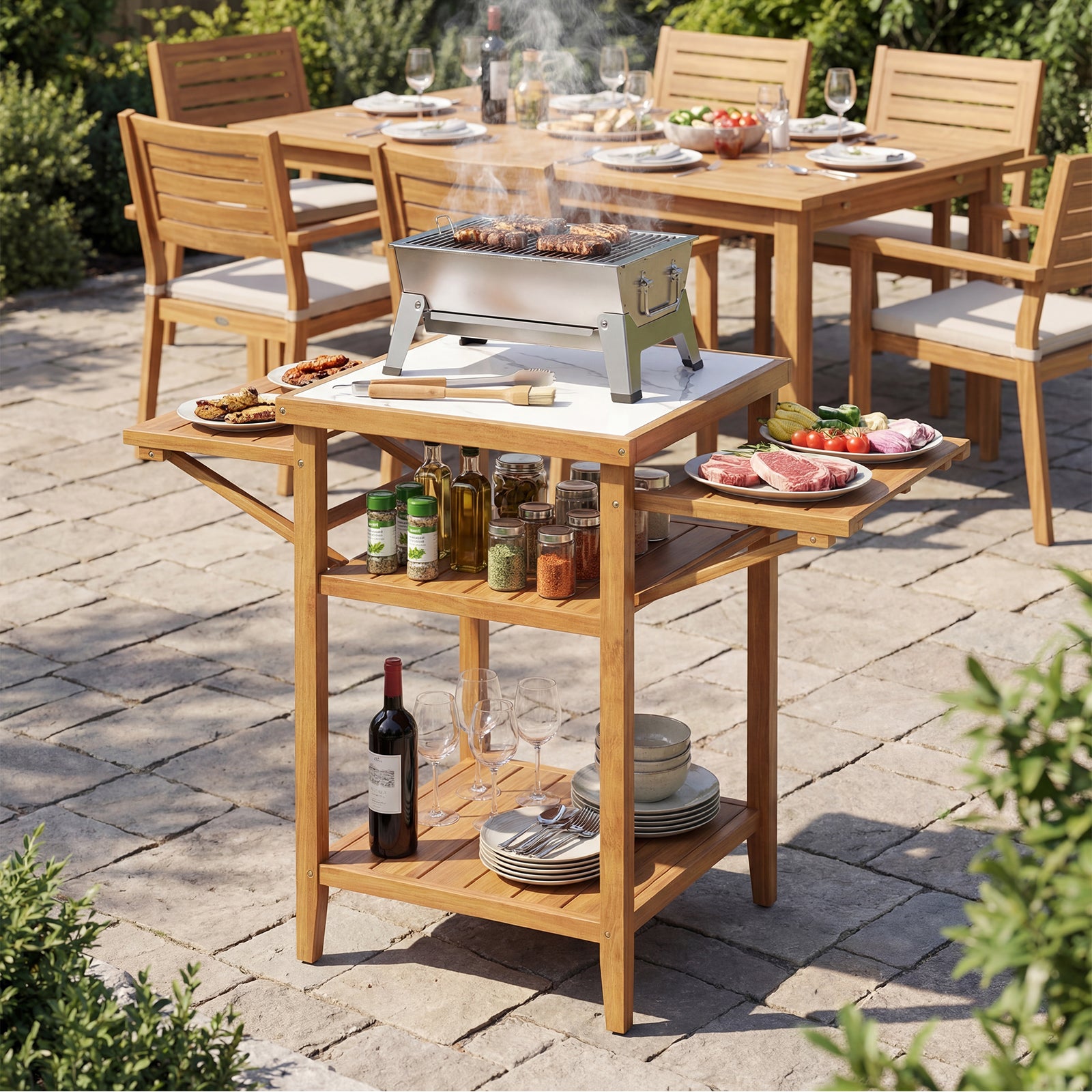 Acacia Wood Outdoor Grill Table, Faux Marble Top, Drop Leaf Panels, Natural Camping Furniture at Gallery Canada