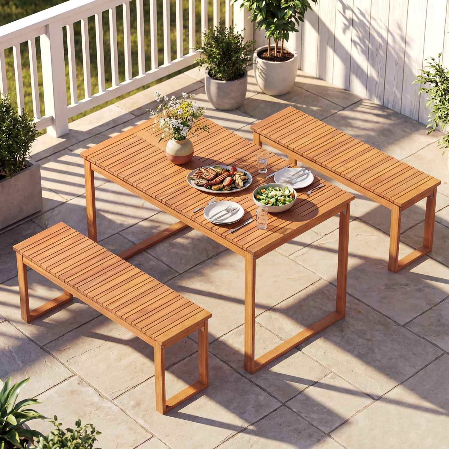 Acacia Wood Outdoor Garden Bench Set of 1/2 with Slatted Seat for Front Porch-Set of 2 Outdoor Benches at Gallery Canada