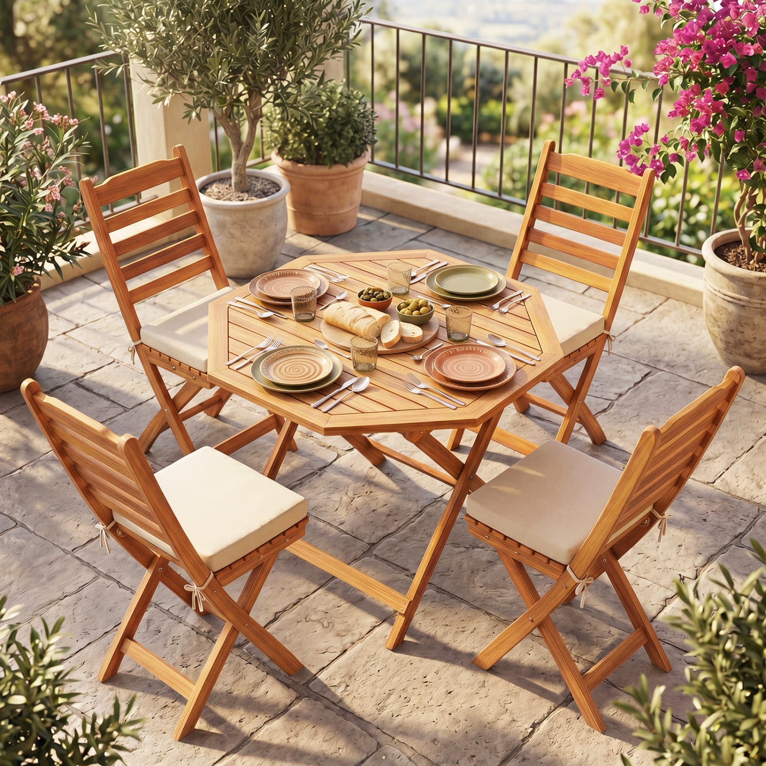 Acacia Wood Outdoor Folding Dining Table for 4 Octagonal with Slatted Tabletop, Natural Patio Dining Tables at Gallery Canada