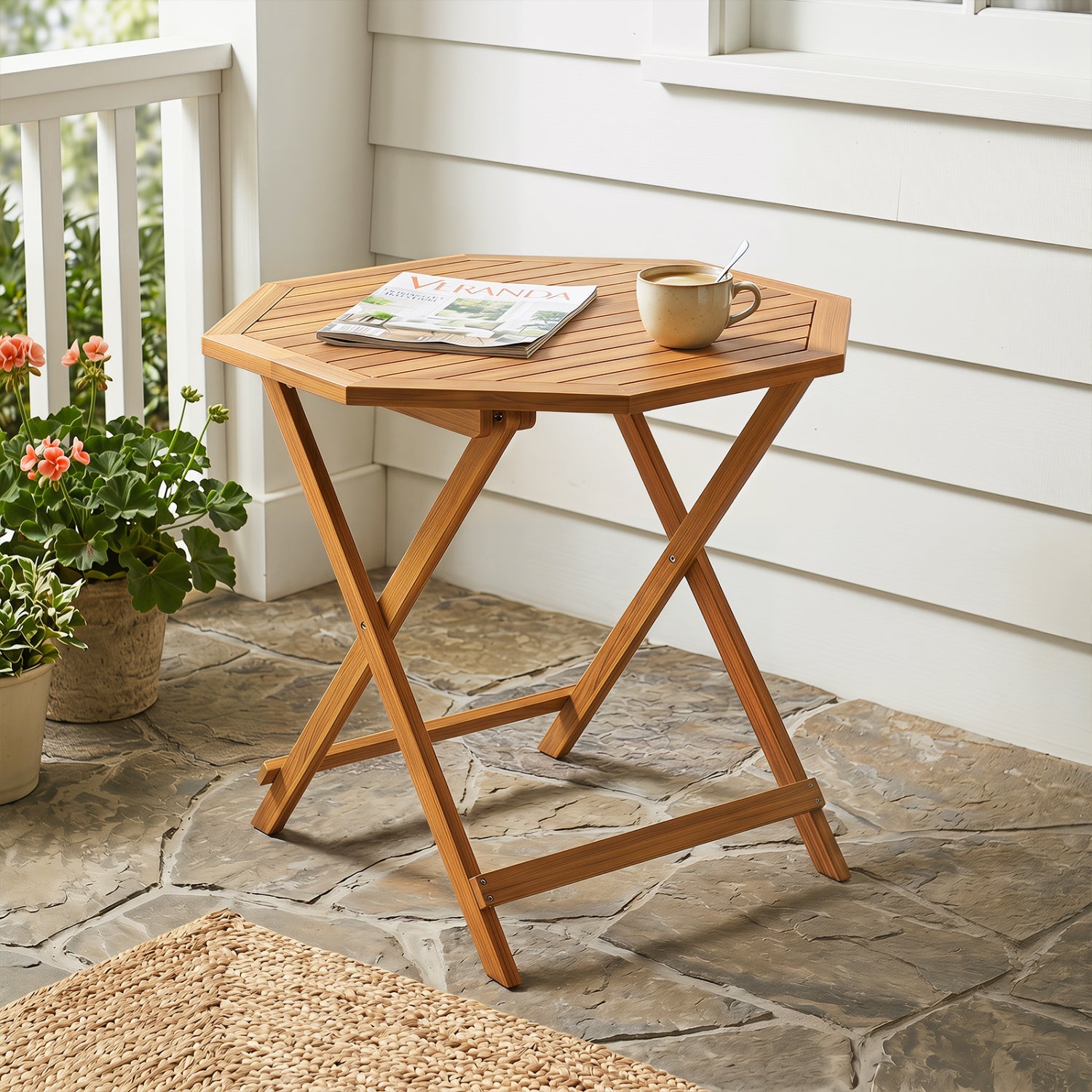 Acacia Wood Outdoor Folding Dining Table for 4 Octagonal with Slatted Tabletop, Natural Patio Dining Tables at Gallery Canada