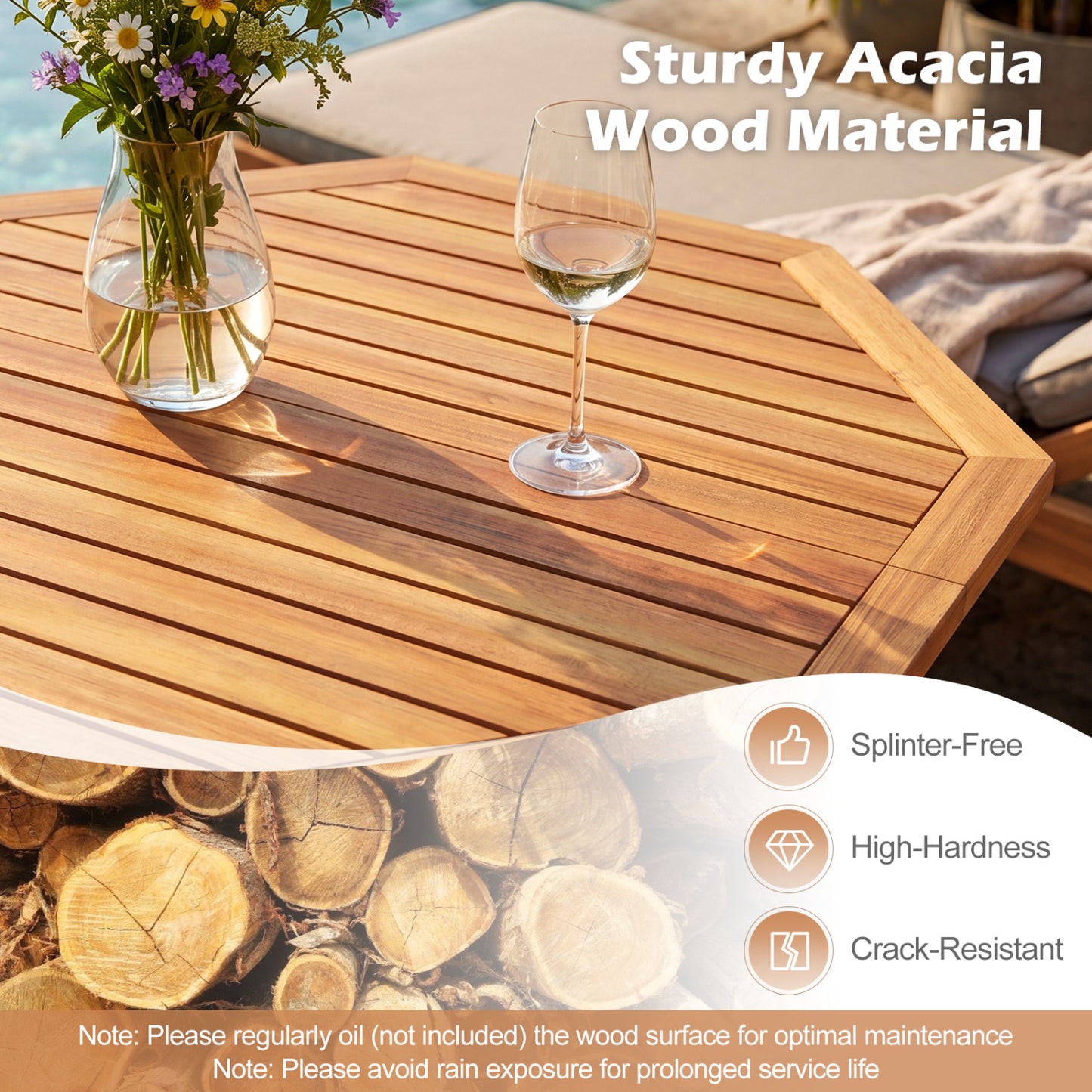 Acacia Wood Outdoor Folding Dining Table for 4 Octagonal with Slatted Tabletop, Natural Patio Dining Tables at Gallery Canada