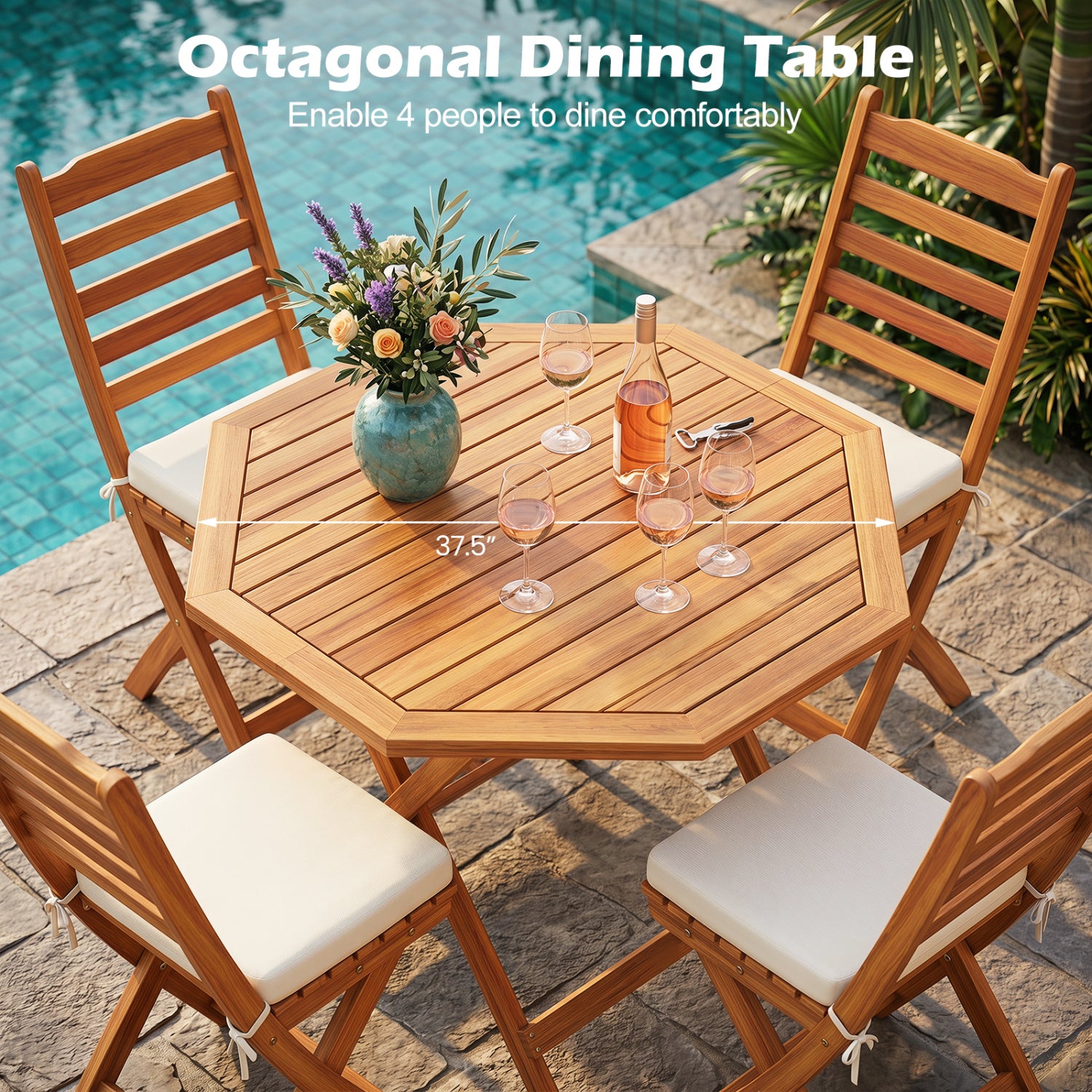 Acacia Wood Outdoor Folding Dining Table for 4 Octagonal with Slatted Tabletop, Natural Patio Dining Tables at Gallery Canada