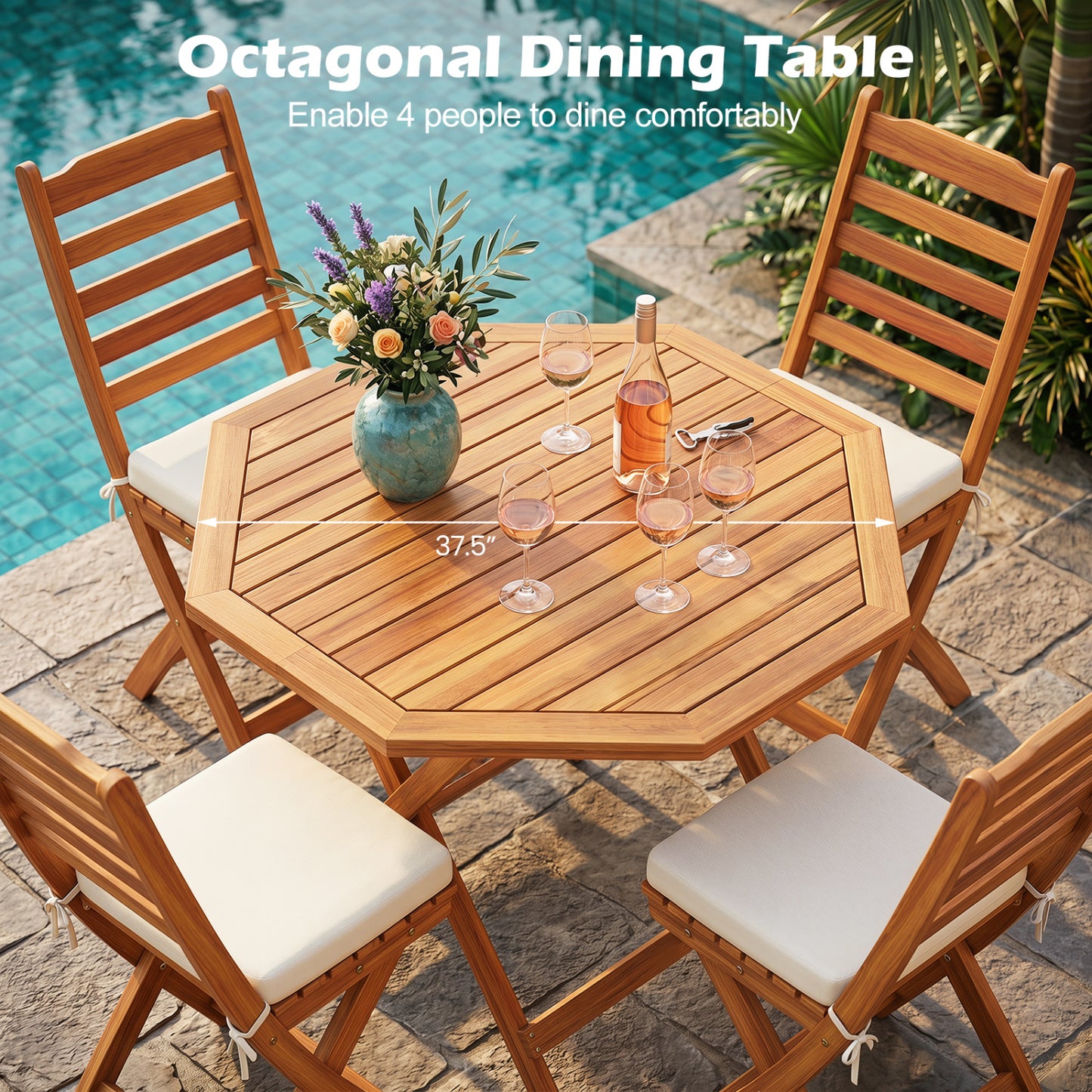 Acacia Wood Outdoor Folding Dining Table for 4 Octagonal with Slatted Tabletop, Natural Patio Dining Tables at Gallery Canada